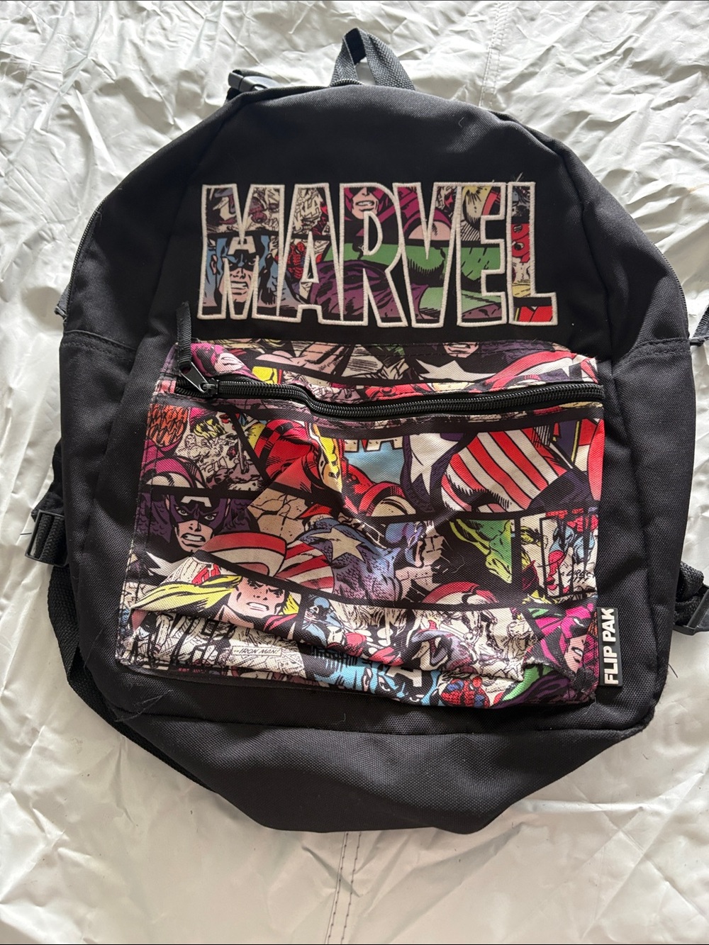 Marvel Black Backpack with Multicolor Comic-Print Front Pocket